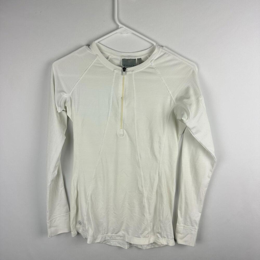 Athleta Womens Top Size XS White Quarter Zip Crew Neck Long Sleeve Shirt Stretch